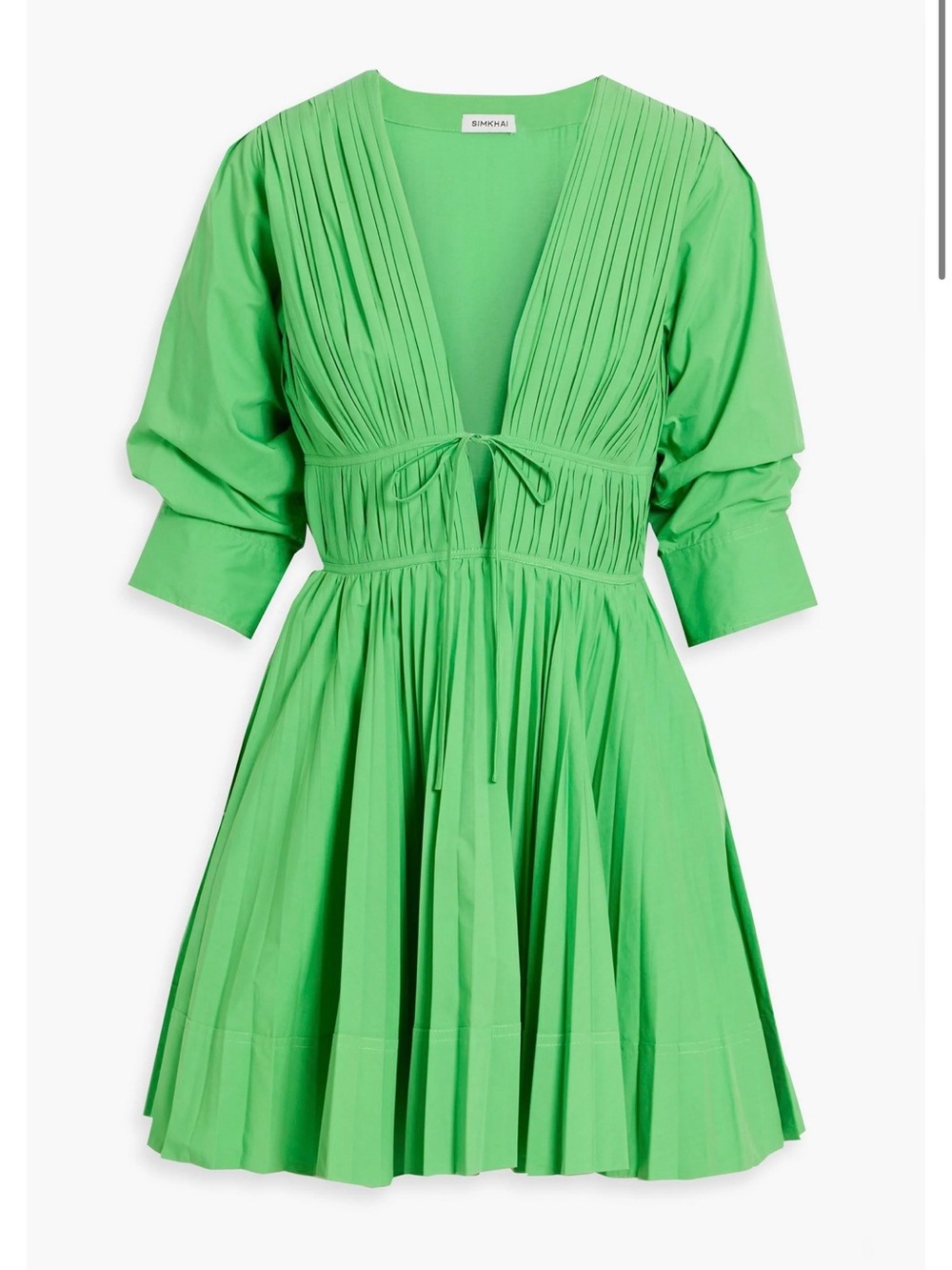 NWT:SIMKHAI Green Pleated V-Neck Mini Dress